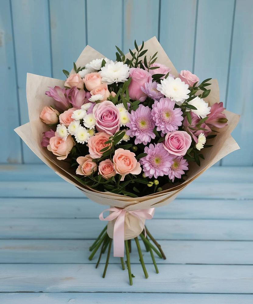 Букет цветов из: Хризантемы, Розы и Альстромерии в Чунском