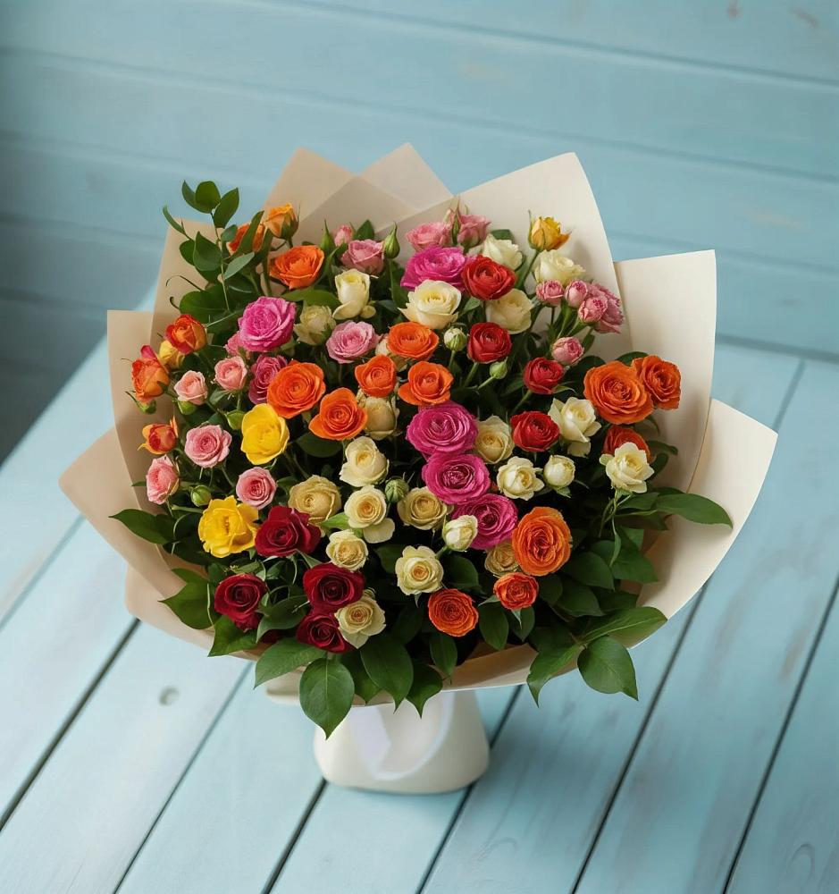 Букет Микс из разноцветных кустовых роз в Чунском
