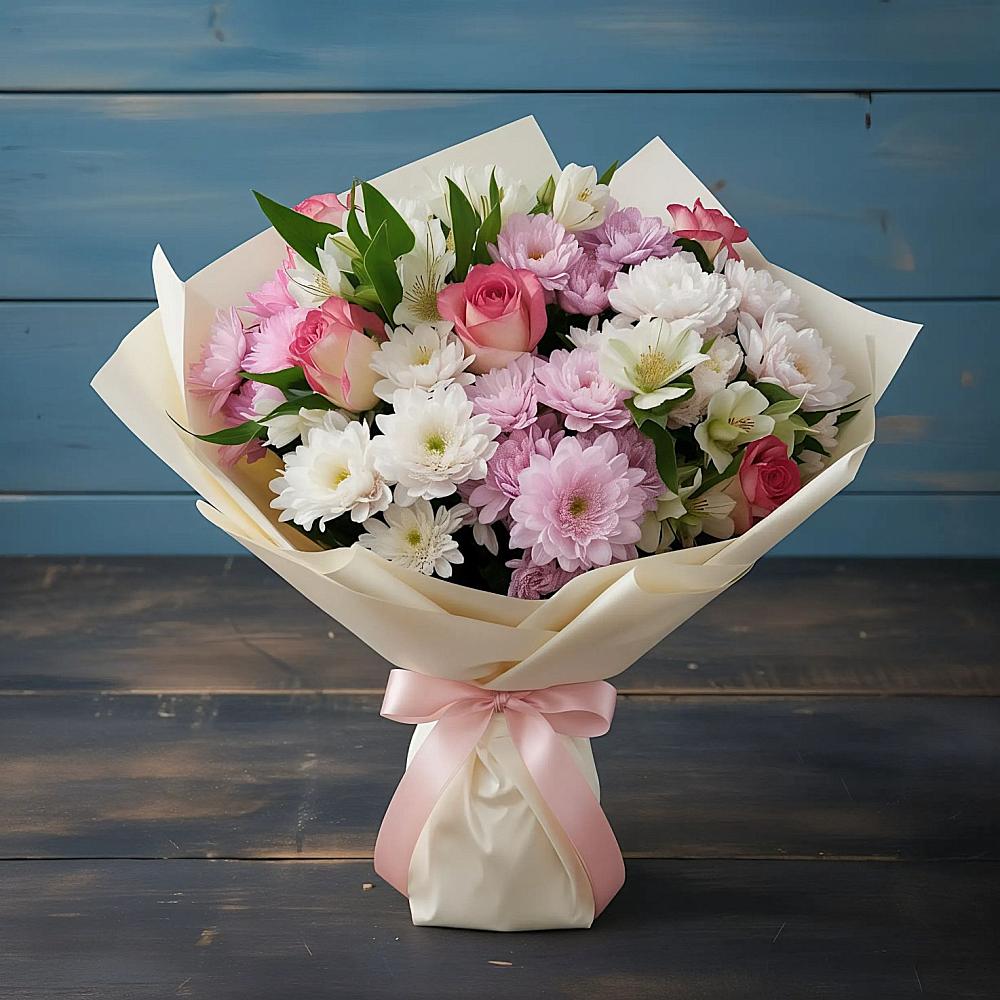 Букет цветов из: Хризантемы, Альстромерии и Розы в Чунском